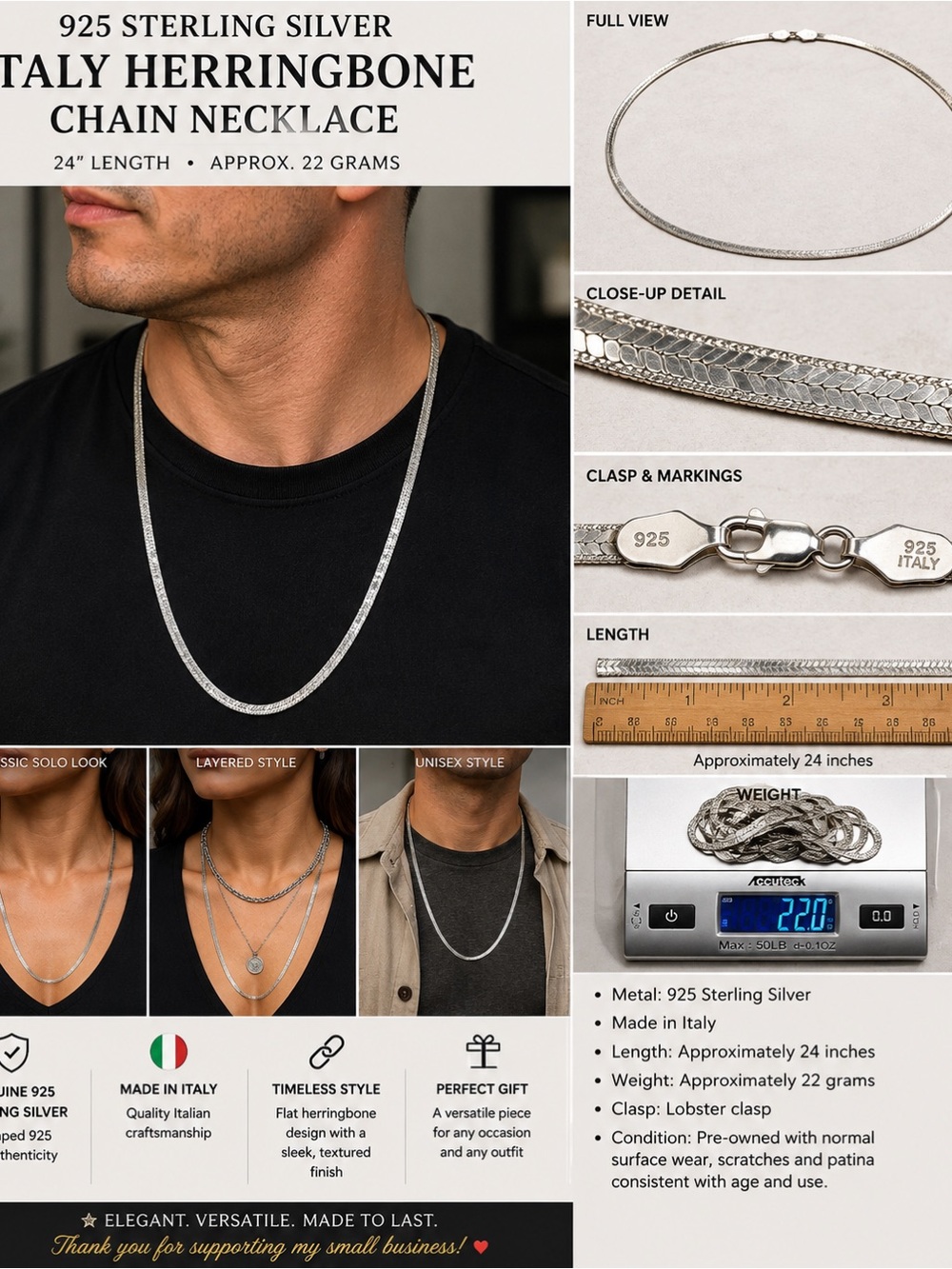 Vintage 925 Sterling Silver Italy Herringbone Chain Necklace 24” 22g unisex